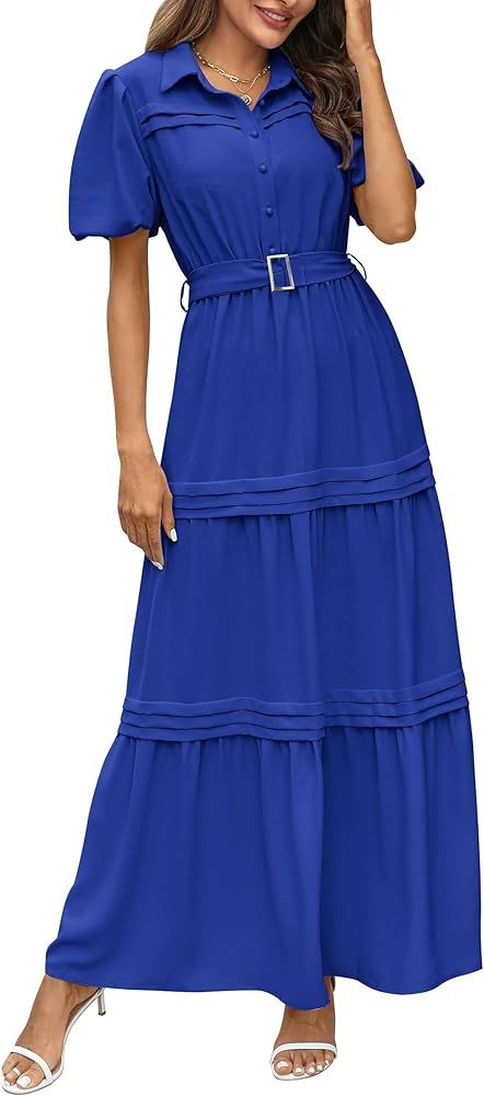 PRETTYGARDEN Womens Summer Puff Short Sleeve Lapel V Neck Tiered A Line Flowy Party Dresses With ... | Amazon (US)