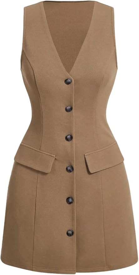 MakeMeChic Women's Elegant Short Dresses Deep V Neck Button Down Sleeveless Blazer Dress | Amazon (US)