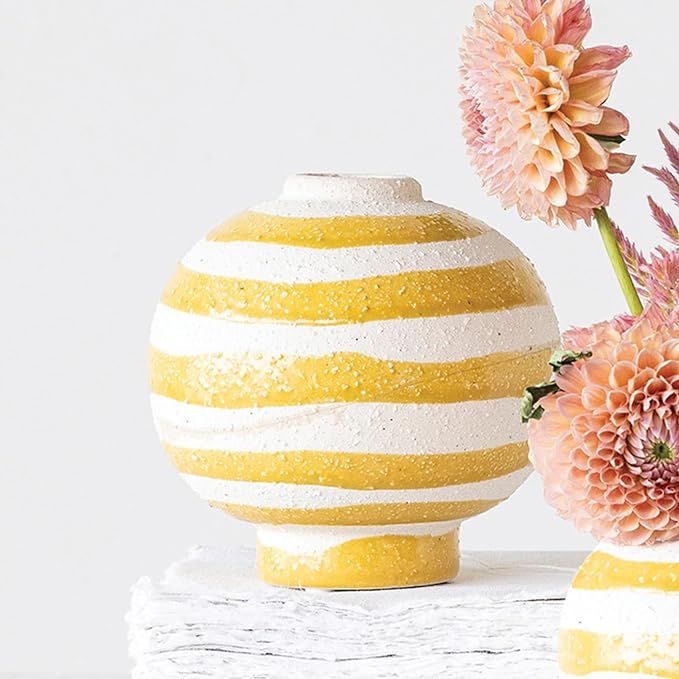 Creative Co-Op Large Striped Stoneware Vase with Sphere Shape and Footed Base, Yellow and White | Amazon (US)