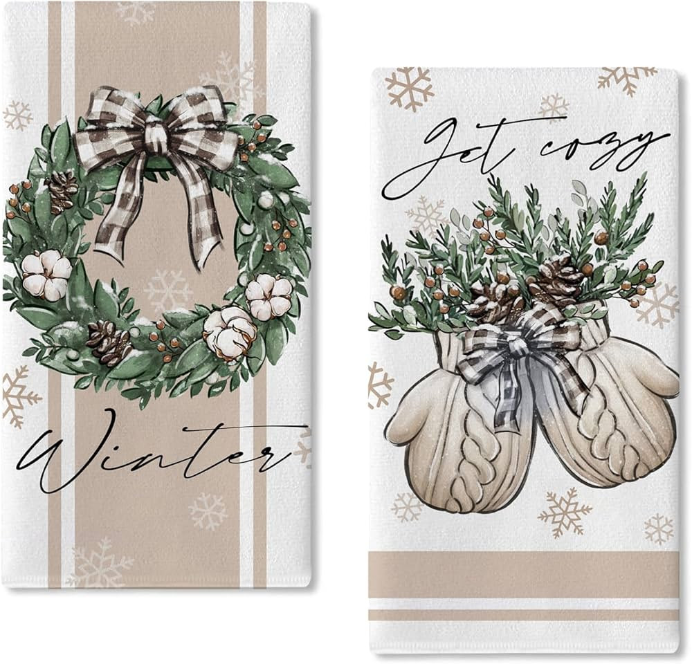 Seliem Hello Winter Wreath Mitten Brown Kitchen Dish Towels Set of 2, Get Cozy Pine Needle Pineco... | Amazon (US)
