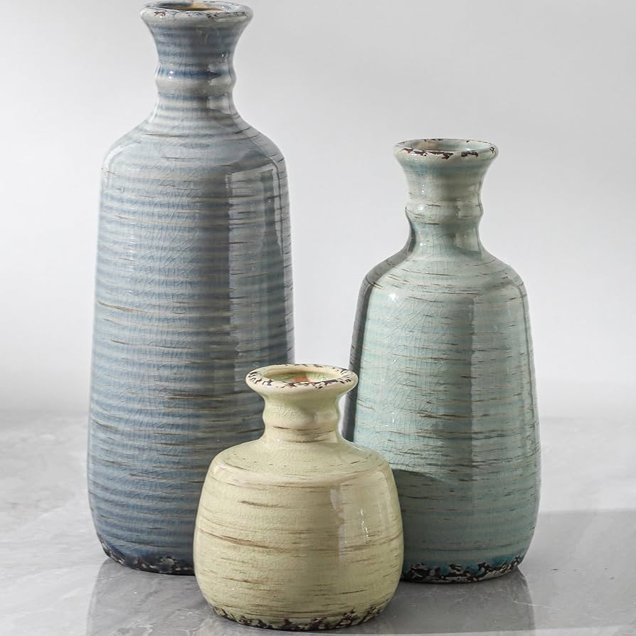 Ceramic Vase Set of 3, Rustic Neutral Vases Home Decor Farmhouse Decorative Flower Vase Modern Bo... | Amazon (US)