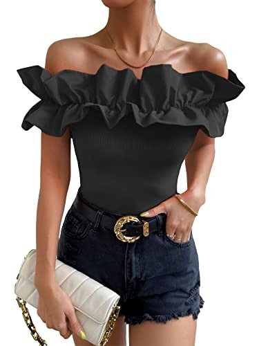 OYOANGLE Women's Ruffle Trim Off Shoulder Short Sleeve Blouse Party Tops Shirt | Amazon (US)