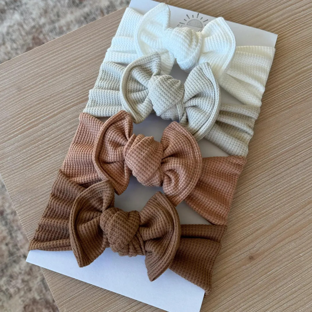 Waffle Top Knot Flat Bow Headband neutral White, Sand Tan, Caramel Brown, Mocha Brown, Newborn / ... | Etsy (US)