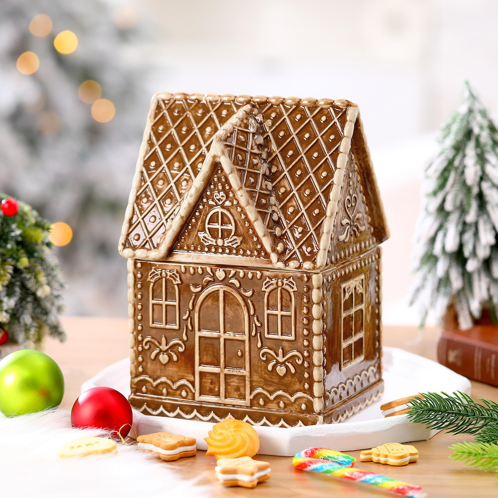 Roowest Gingerbread House Ceramic Cookie Jar 10.25 Inch Christmas Cookie Jar Xmas Holiday Decor w... | Amazon (US)