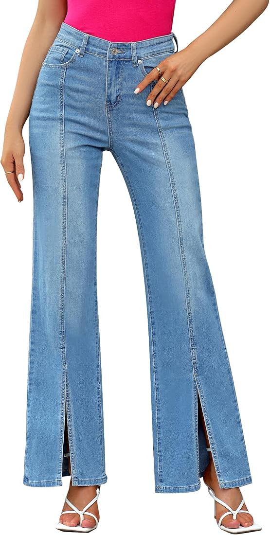 GRAPENT 2023 Womens Flare Jeans High Waisted Wide Leg Baggy Jean for Women Split Hem Stretch Deni... | Amazon (US)