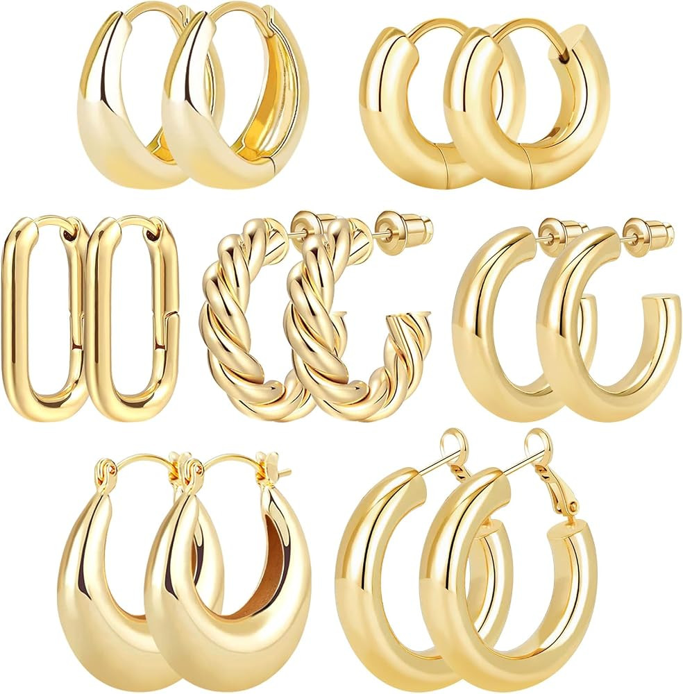 Gold Hoop Earrings Set 14k Real Gold Plated Huggie Earrings Hypoallergenic Chunky Twisted Thick J... | Amazon (US)