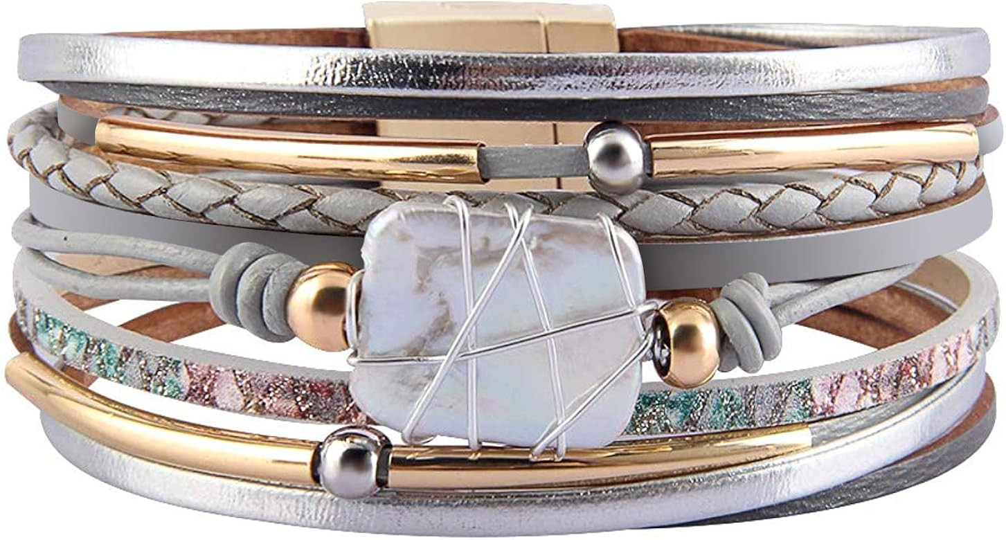 Fesciory Leopard Bracelet for Women, Boho Leather Wrap Multi-Layer Pearl Crystal Bracelet Bangle ... | Amazon (US)