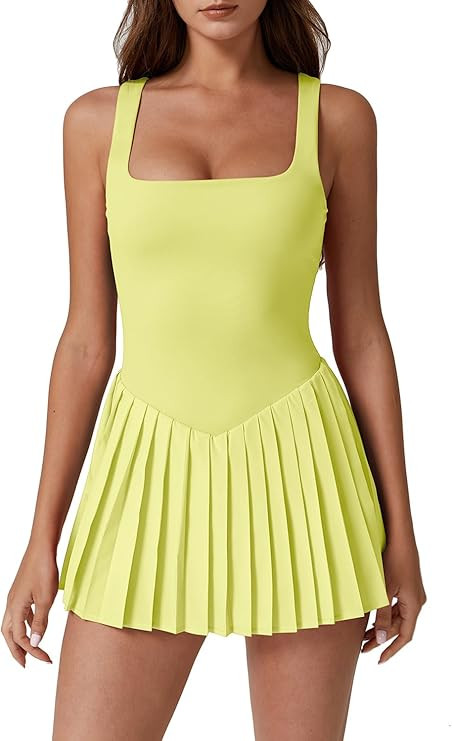 QINSEN Womens Square Neck Tennis Dress Pleated Sleeveless Built in Shorts Golf Athletic Dress wit... | Amazon (US)