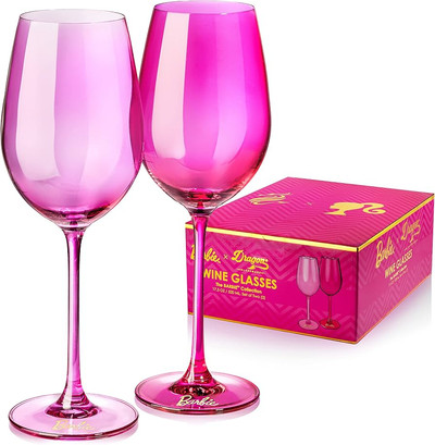 Dragon Glassware x Barbie Wine Glasses, Pink and Magenta Crystal Glass, As Seen in Barbie The Mov...