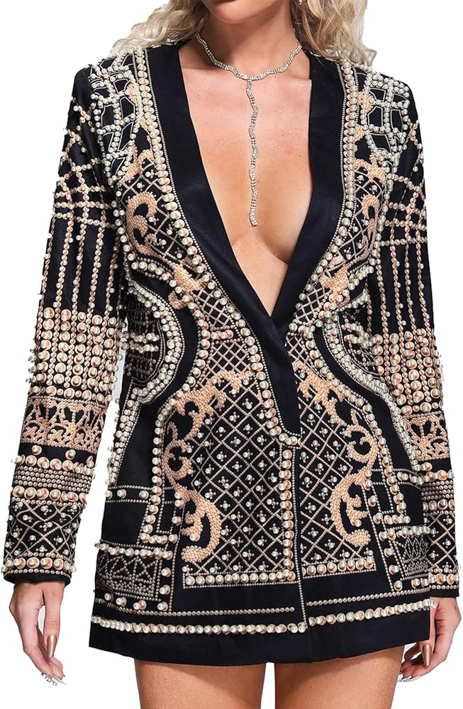 Women Deep V Neck Long Sleeve Blazer Dress Printed Blazer Sexy Black and White Blazer Dress | Amazon (US)