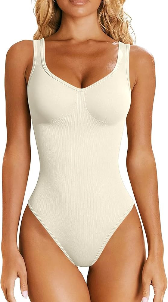 HGps8w Ribbed Sleeveless Bodysuit for Women Sexy Scoop Neck Tank Tops Leotard 2025 Summer Trendy ... | Amazon (US)