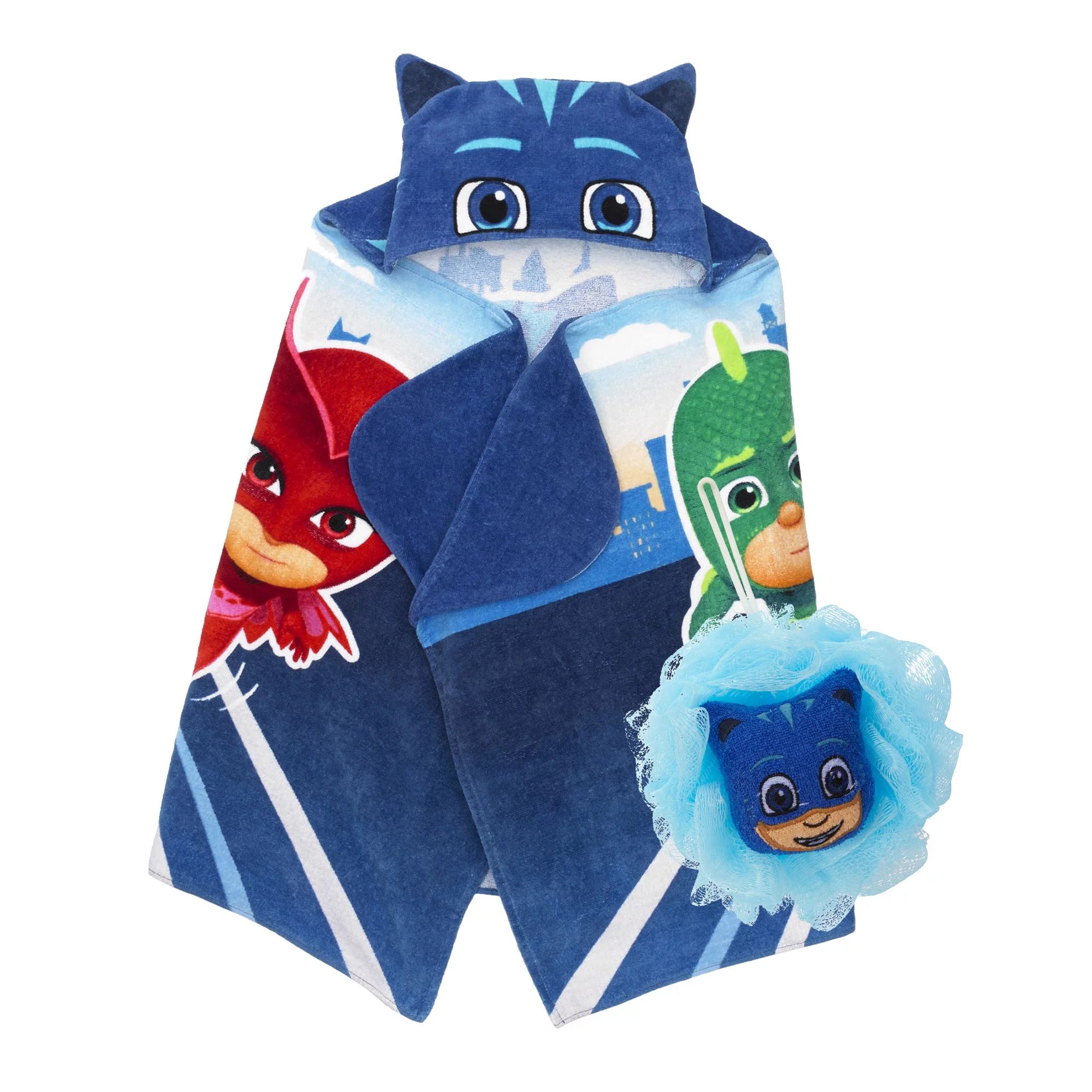 PJ Masks Kids Catboy Hooded Towel and Character Loofah Set, Cotton, Blue, Hasbro | Walmart (US)