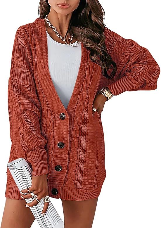 Prinbara Women's Open Front Knit Cardigan Sweater Button Down Long Sleeve Sweaters Coat | Amazon (US)
