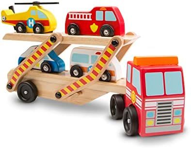 Amazon.com: Melissa & Doug Wooden Emergency Vehicle Carrier Truck With 1 Truck and 4 Rescue Vehic... | Amazon (US)