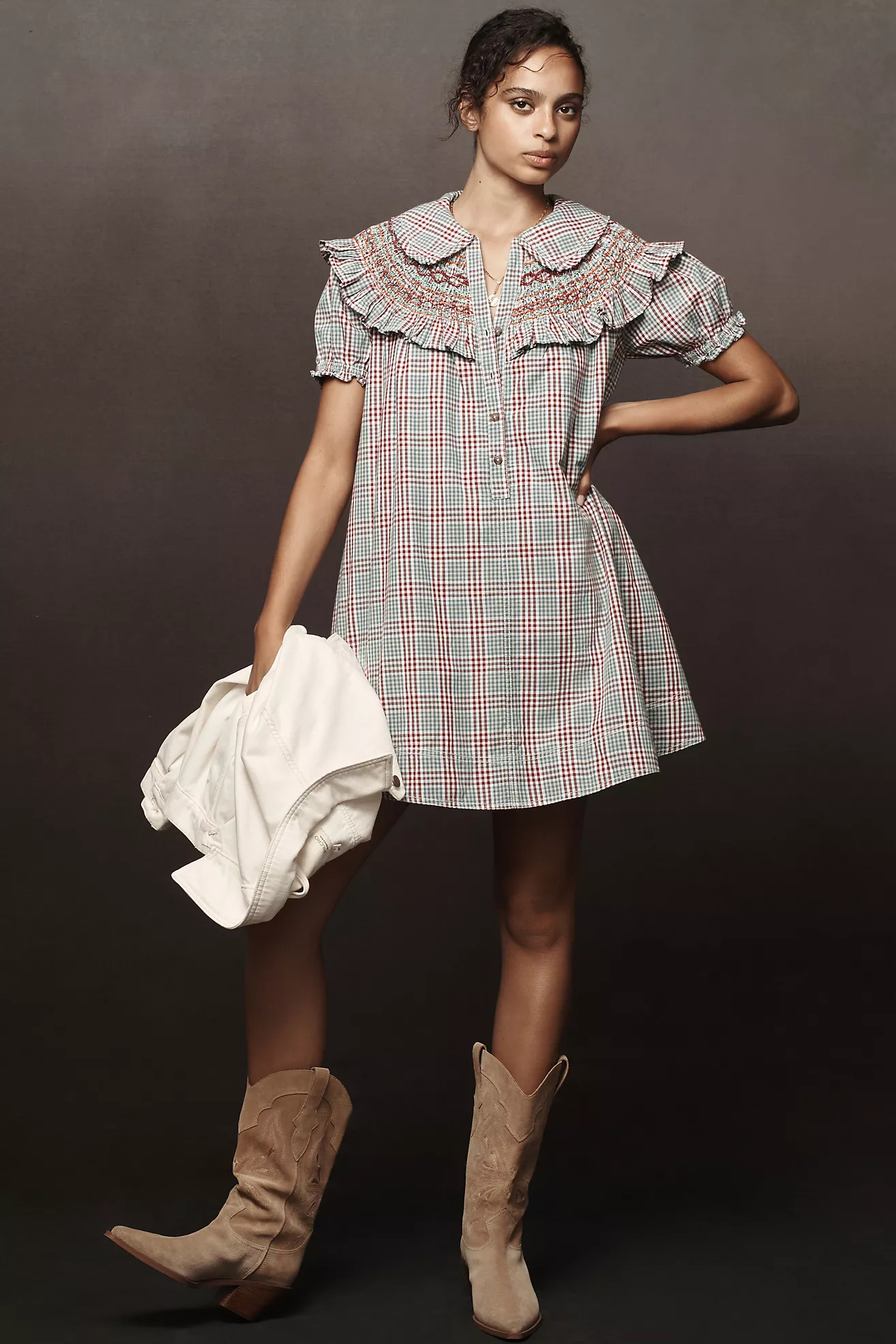 Pilcro Short-Sleeve V-Neck Smocked Babydoll Mini Dress | Anthropologie (US)