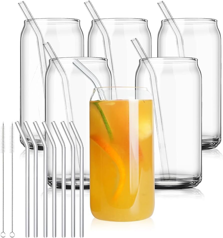 LMHEJING 6 Pieces 20oz Drinking Glasses with 7 Pcs Reusable Glass Straw, Glass Cups Reusable Beer Ca | Amazon (US)
