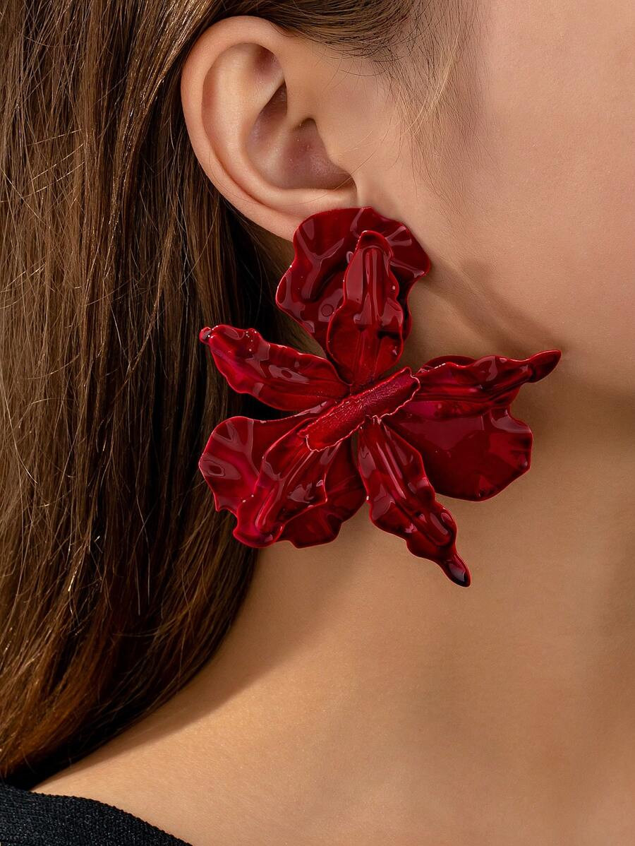 1 Pair Retro European & American Style Exaggerated 3D Flower Asymmetrical Shiny Stud Earrings For... | SHEIN