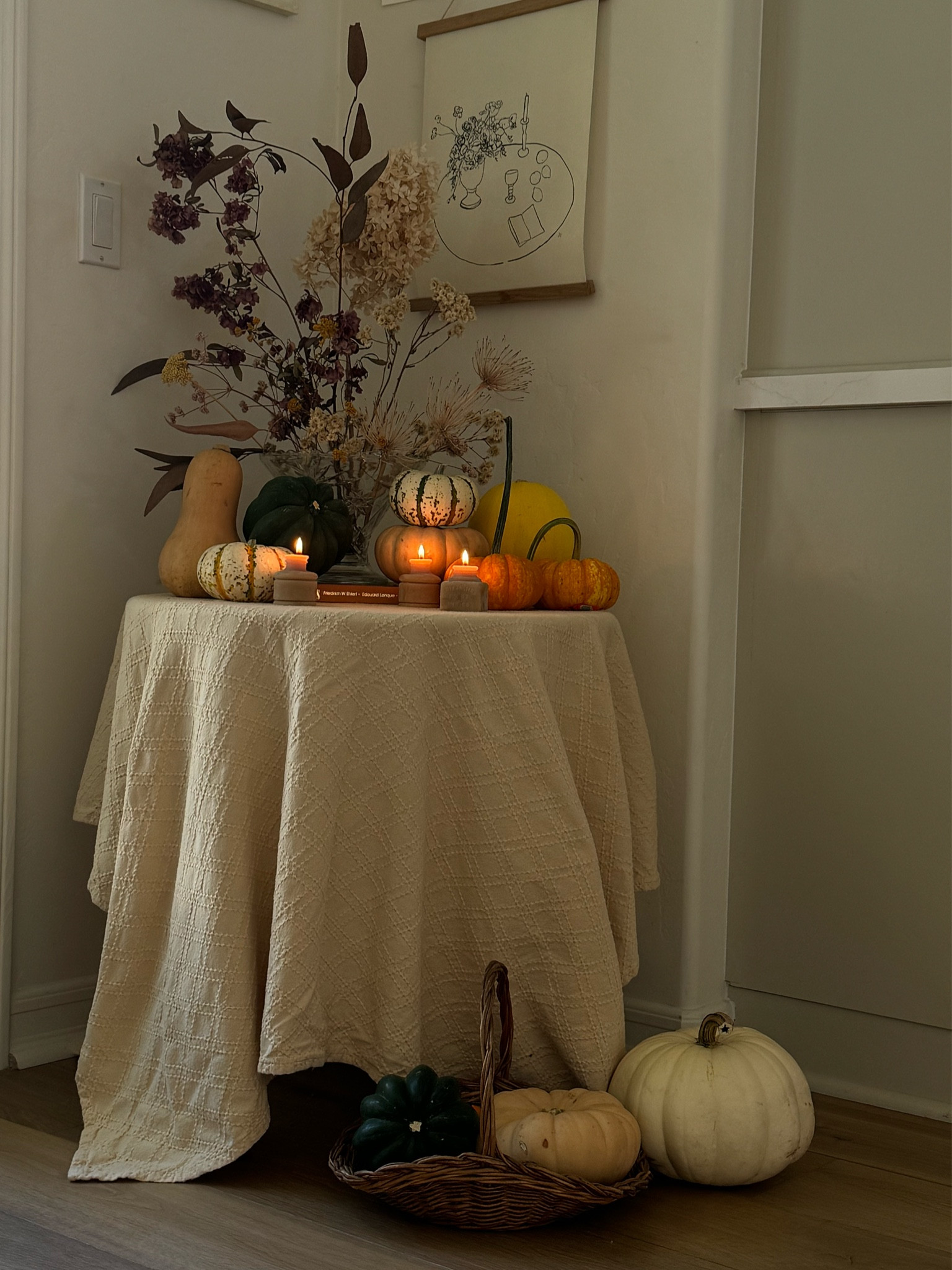 FALL DECOR / HARVEST
Vintage inspired fall corner. With dried foraged flowers real pumpkins + squash. 
Vintage tablecloth beeswax candles and fruit art 

#LTKHolidaySale #LTKhome #LTKSeasonal