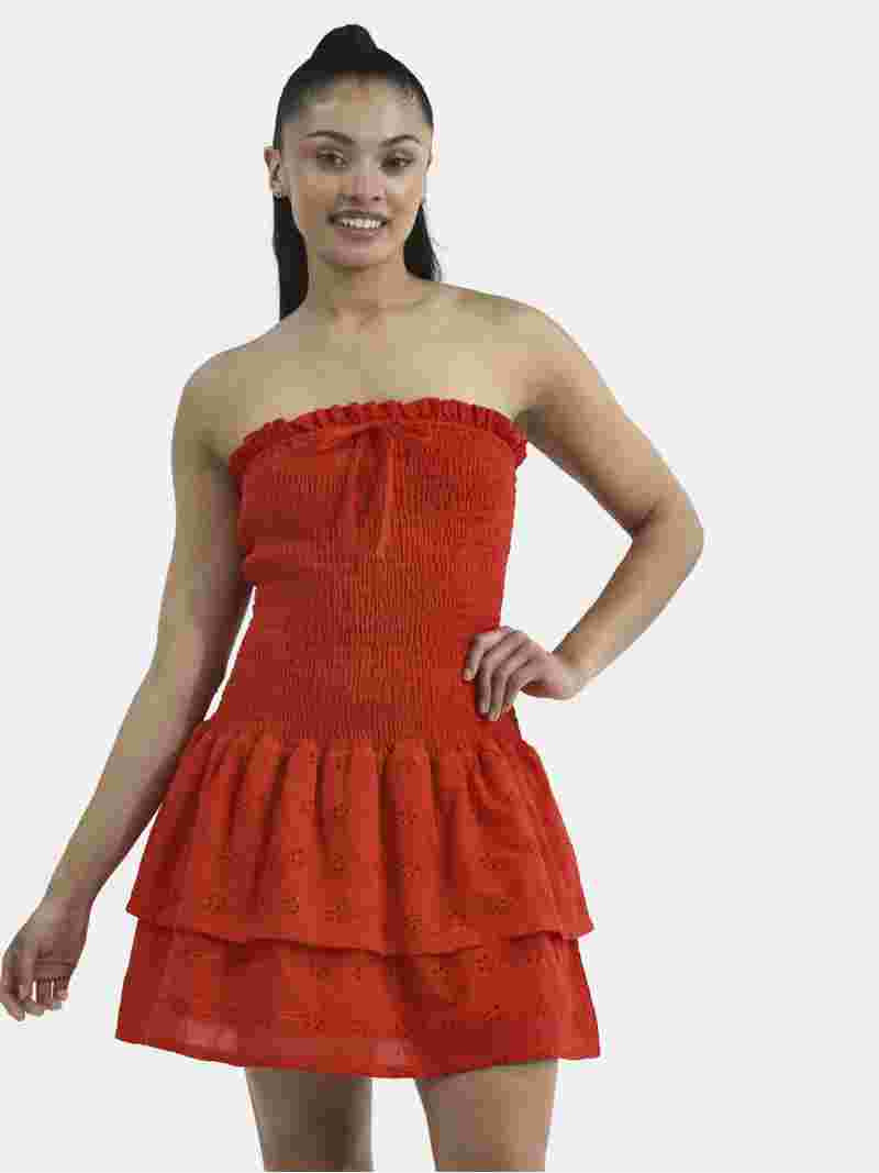 No Boundaries Cotton Smocked Ruffle Eyelet Mini Dress, Women's | Walmart (US)