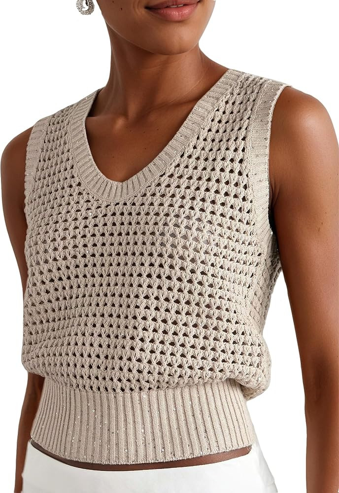 Women's Crochet Sequins Sweater Tanks Summer Lightweight Tops Bohemian Sleeveless Hollow Out Beac... | Amazon (US)