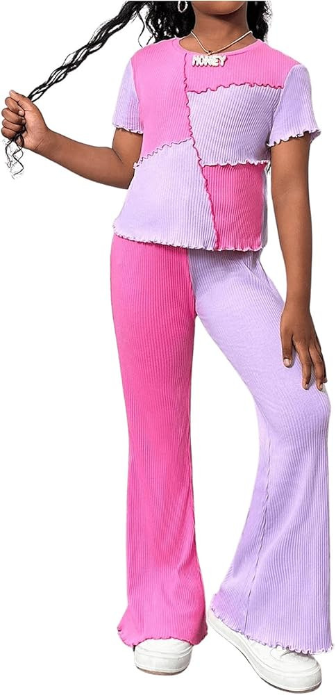 GORGLITTER Girl's 2 Piece Outfits Colorblock Frill Trim Short Sleeve Tee Shirts with Flare Pants ... | Amazon (US)