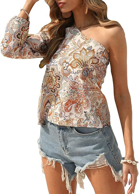 Floerns Women's Boho One Shoulder Vintage Floral Print Long Sleeve Blouse Top | Amazon (US)