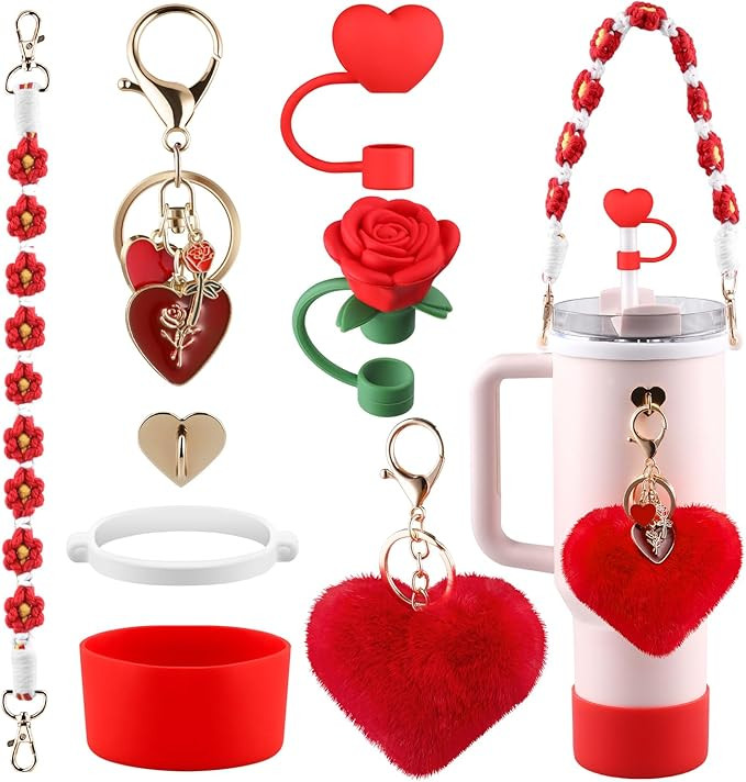 Cup Red Accessories Set for Stanley Cup,Water Bottle Handle Strap, Siliocne Boot, Red Rose Straw ... | Amazon (US)