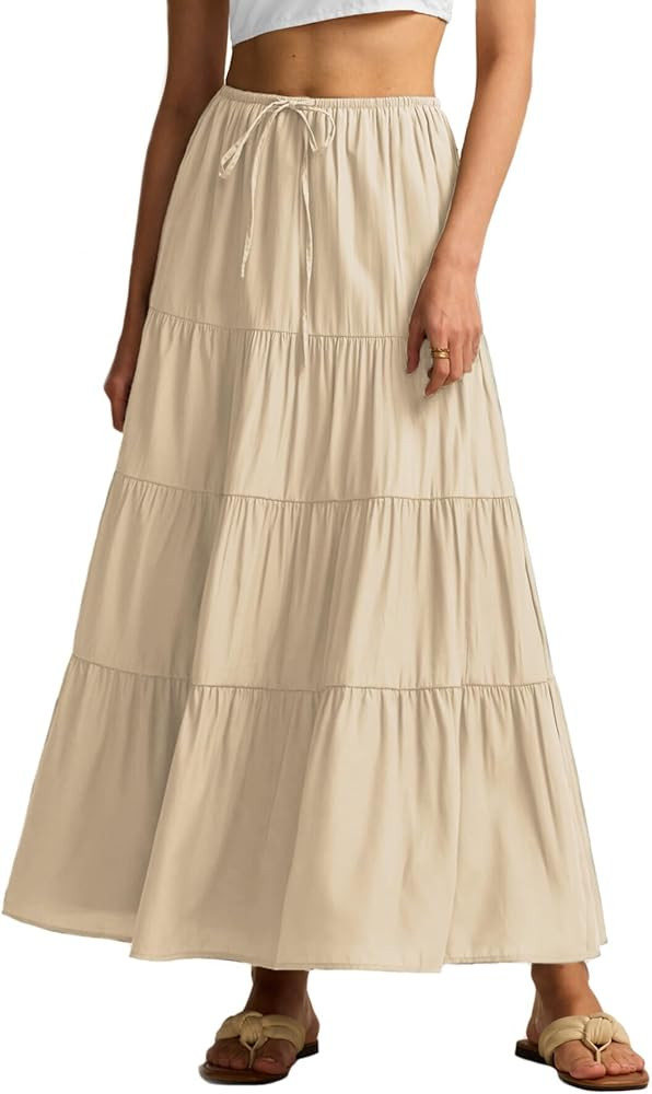 Maxi Skirts for Women Tiered Long Skirts Pleated A Line Drawstring Elastic Waist Flowy White Long... | Amazon (US)