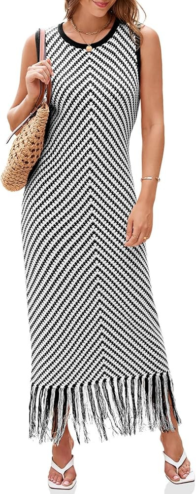 Wenrine Womens Summer Crochet Knit Dress Casual Striped Tassel Sleeveless Boho Maxi Dresses | Amazon (US)