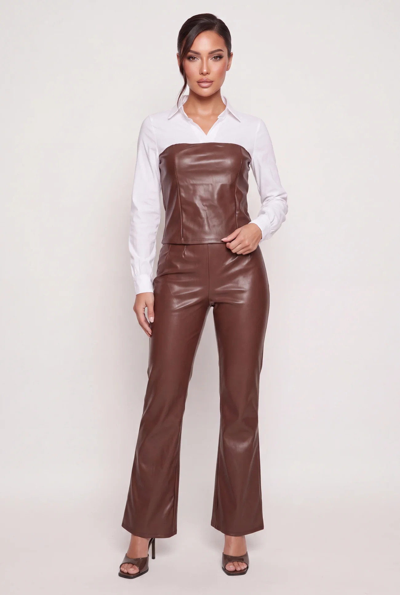Layered Look Faux Leather Long Sleeve Blouse | Rainbow Shops