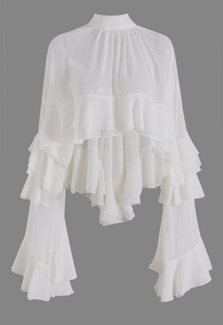 Dramatic Ruffle Bell Sleeve Hi-Lo Chiffon Top in White for Dressy Brunch & Date Night | Chicwish