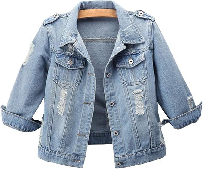 Hixiaohe Women Autumn 3/4 Sleeve Retro Short Denim Jackets Light Blue Jean Coats | Amazon (US)