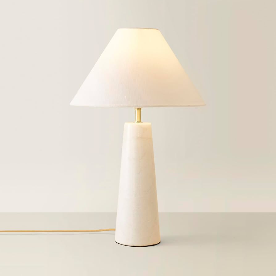ValueLights | White Marble Base Bedside Table Lamp with a Linen Tapered Lampshade Living Room Bed... | Amazon (UK)