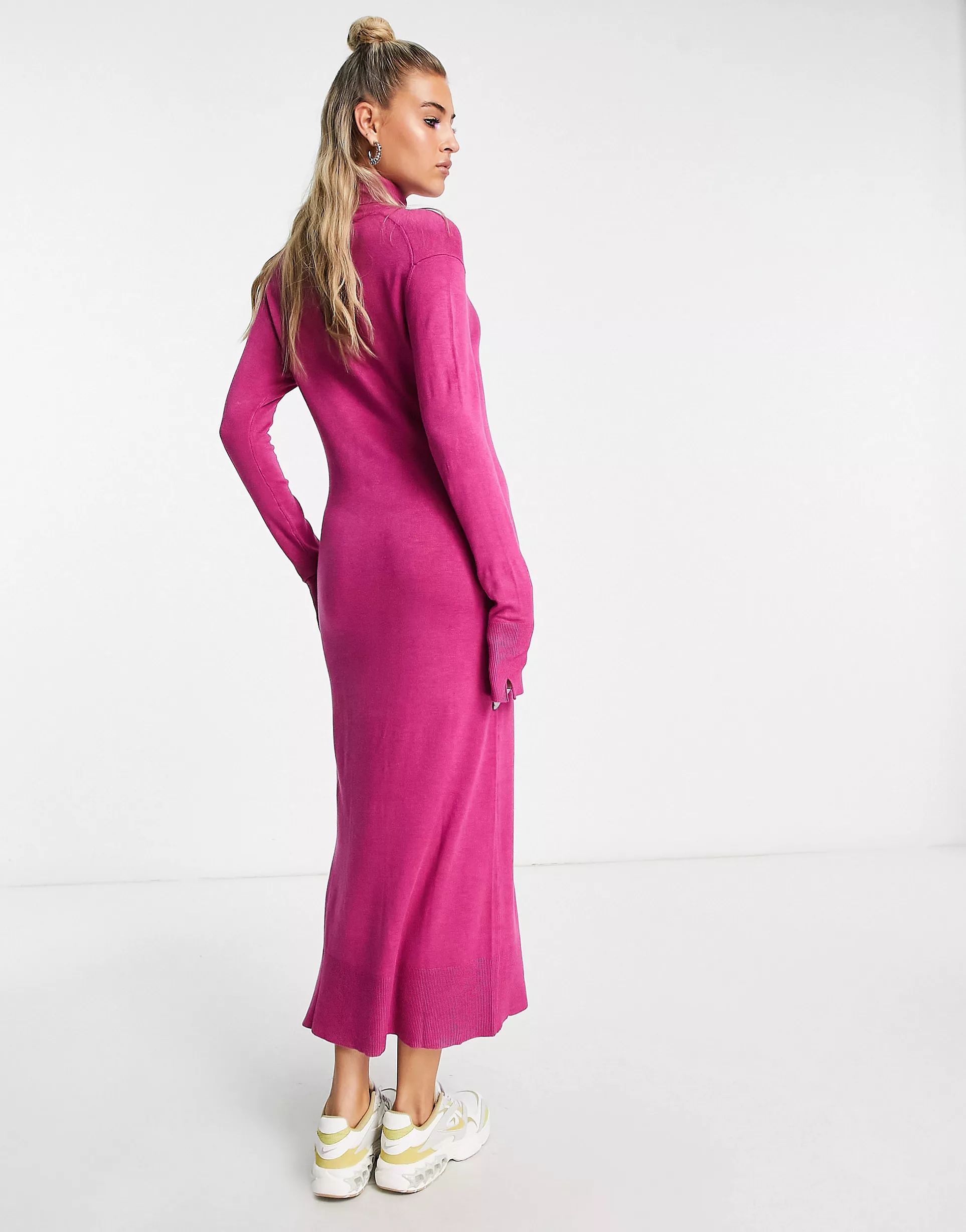 JJXX roll neck maxi jumper dress in bright pink | ASOS (Global)