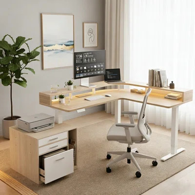63" X 55" Electric L-Shaped Standing Desk With LED Strip, Power Outlets & File Cabinet, Height Adjustable Sit-Stand Desk With 2-Tier Storage & Cable M | Wayfair North America