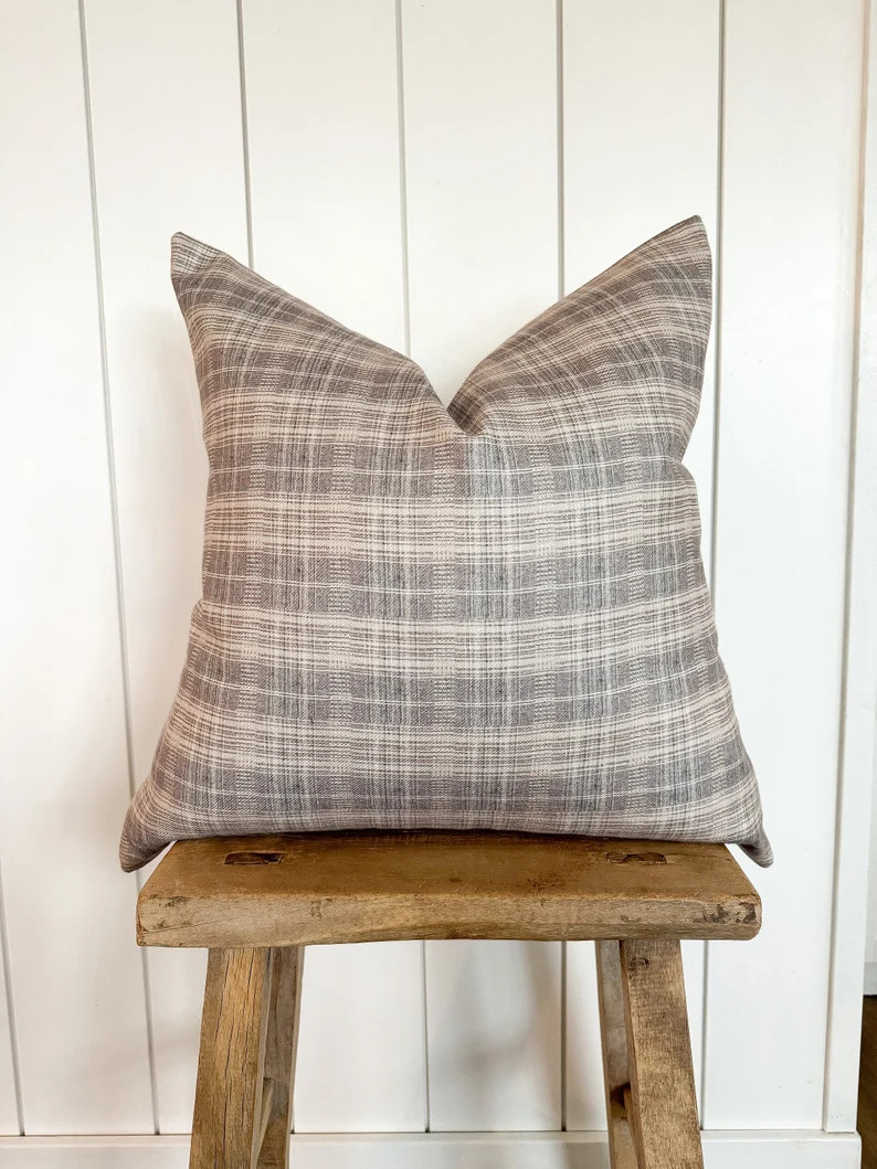 Neutral Plaid Pillow Cover Gray Brown Tan Designer Fabric Neutral Home Decor Modern Farmhouse 18x... | Etsy (US)