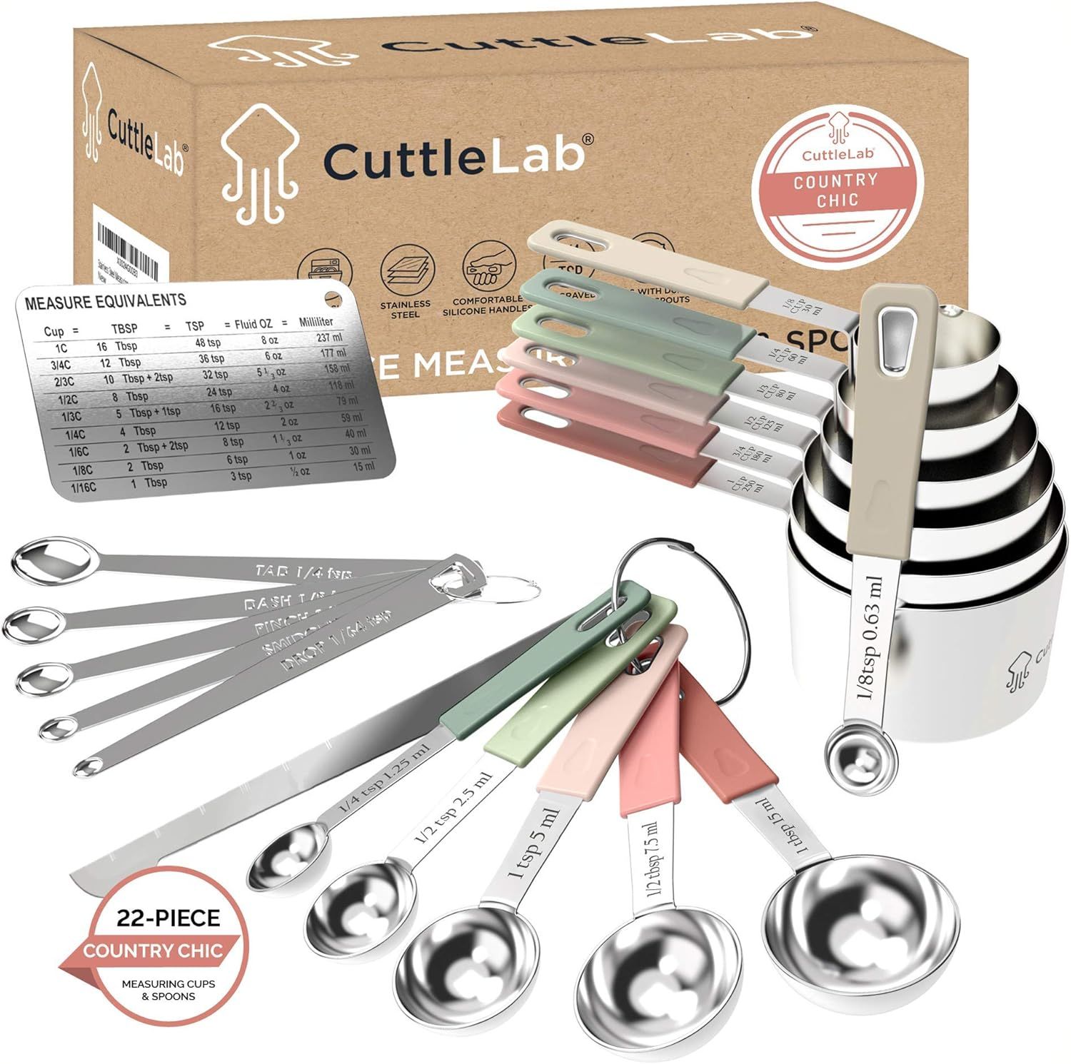 CuttleLab 22-Piece Stainless Steel Measuring Cups and Spoons Set, Tad Dash Pinch Smidgen Drop Min... | Amazon (US)