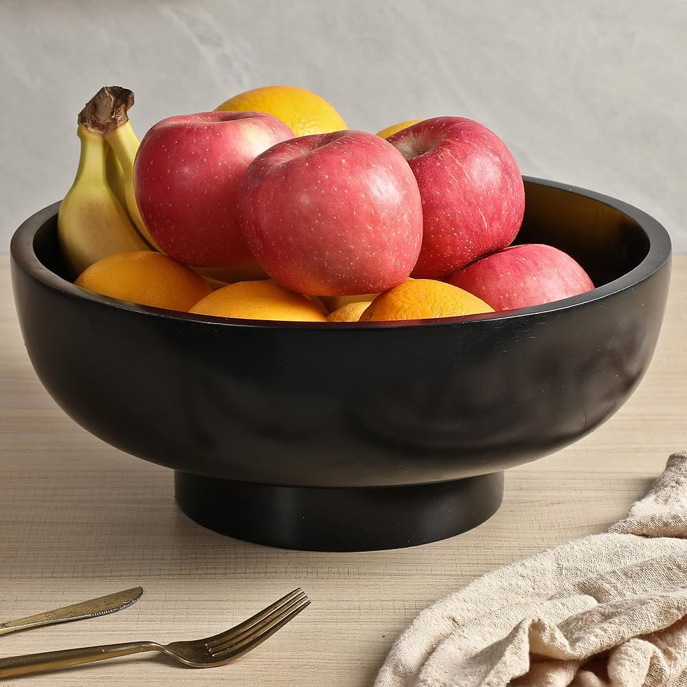 Black Wood Fruit Bowl for Kitchen Counter, 12-inch Diameter Large Wooden Fruit Bowl, Natural Wood... | Amazon (US)