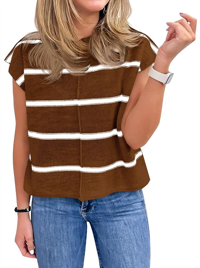 Saodimallsu Womens Cap Sleeve Tank Tops Striped Crew Neck Casual Loose Fit Spring Summer Pullover... | Amazon (US)
