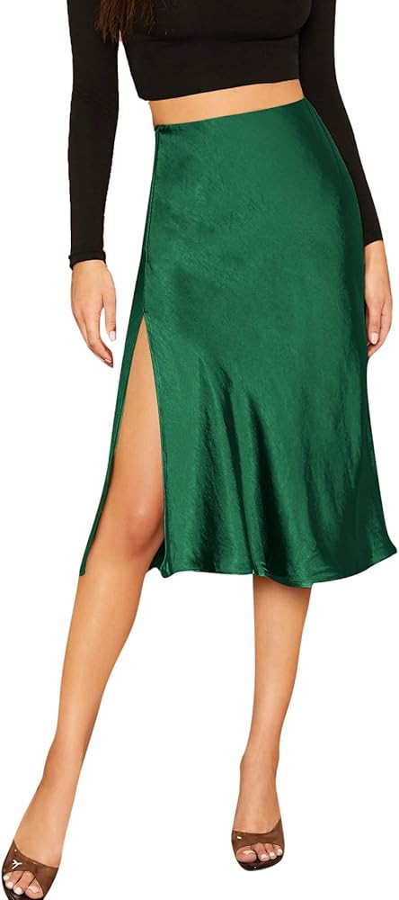 SheIn Women's Party Sexy Satin Split Side Basic Zipper Mid Waist Midi Skirt | Amazon (US)