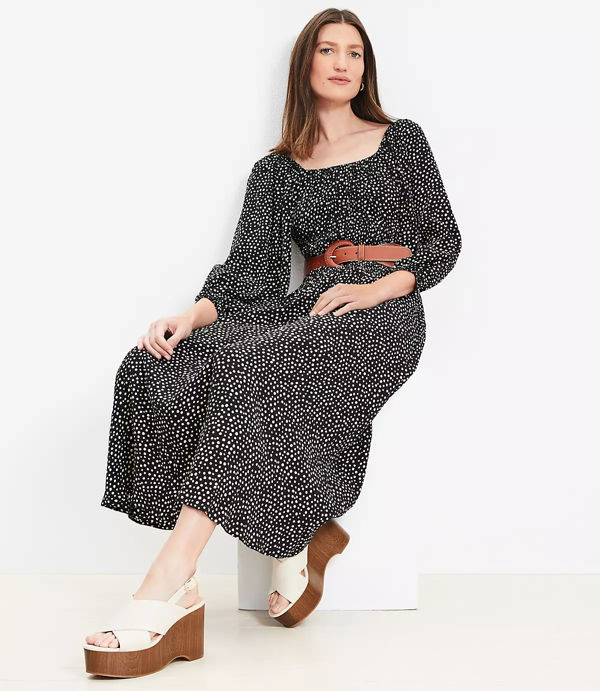 Dotted Smocked Waist Midi Dress | LOFT