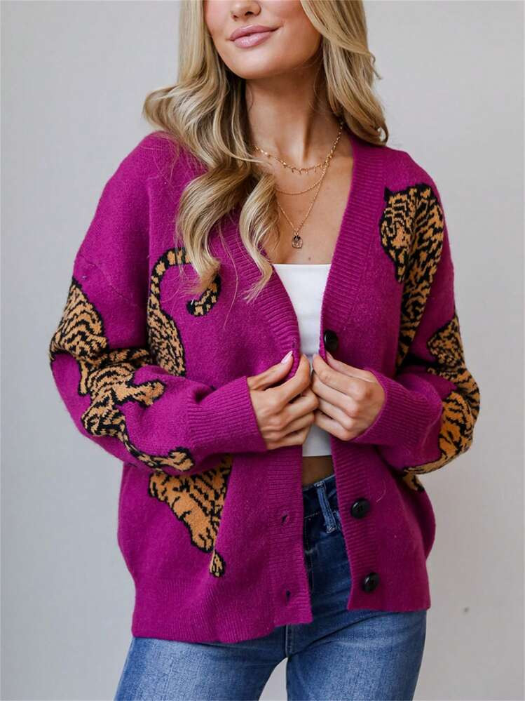 Women Button Up Sweater Cardigans Casual Tiger Print Long Sleeves Knit Coats Warm Fall Knitwear F... | SHEIN