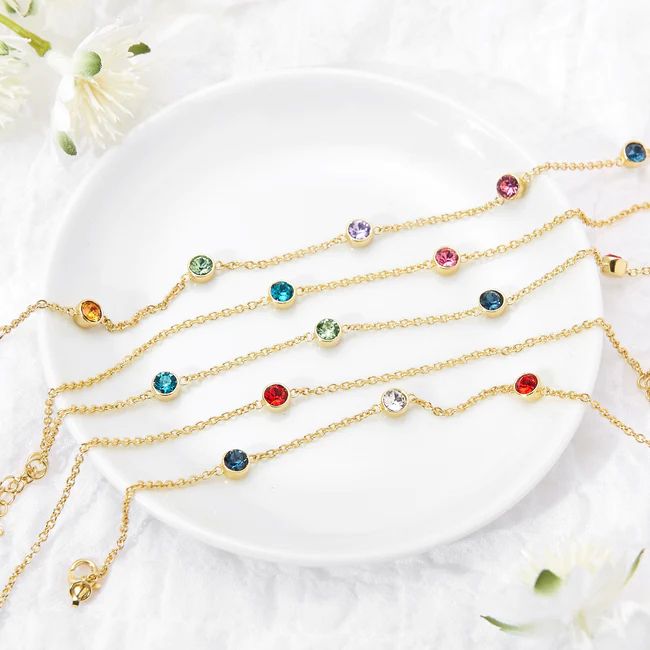 Three Stone Floating Bezel Set Gold Birthstone Bracelet | Eve's Addiction