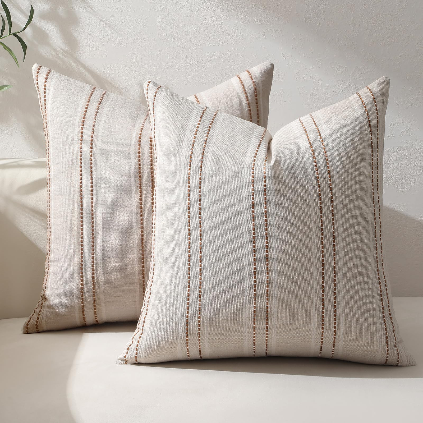 Hckot Rust Throw Pillow Covers 20x20 Set of 2 Striped Fall Pillow Covers Textured Linen Decorativ... | Amazon (US)