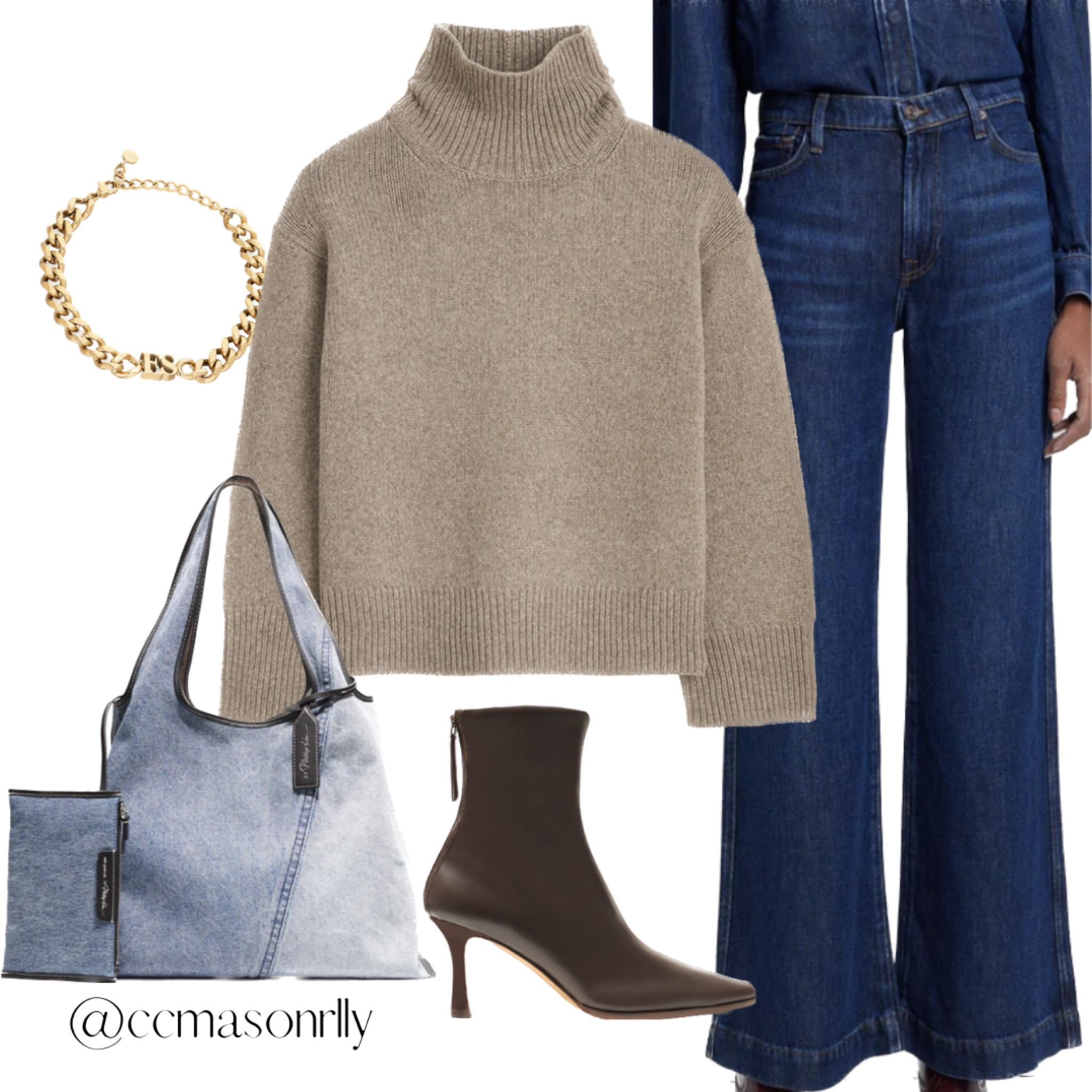 Your everyday fall / autumn Old Money Aesthetic - cozy sweater, kitten heel booties, flared jeans, denim handbag and gold initial bracelet 

#LTKstyletip #LTKSeasonal #LTKshoecrush
