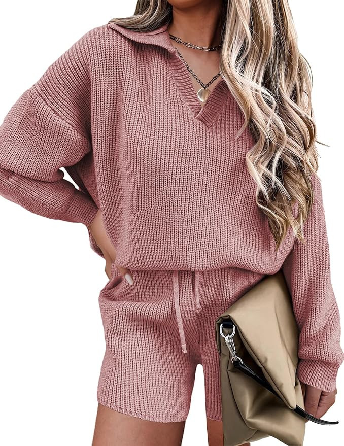 Ekouaer Women's 2 Piece Outfits Long Sleeve Knit Top and Short Pajama Sets Oversized Sweatsuit Sw... | Amazon (US)