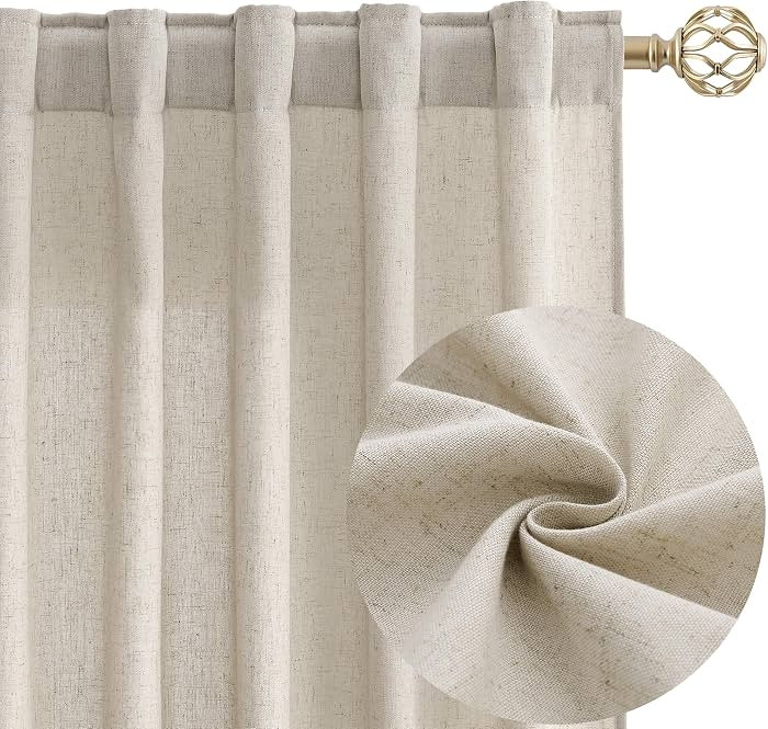 Flax Linen Sheer Curtains 90 Inches Long for Living Room Back Tab Burlap Linen Look Rod Pocket Vi... | Amazon (US)
