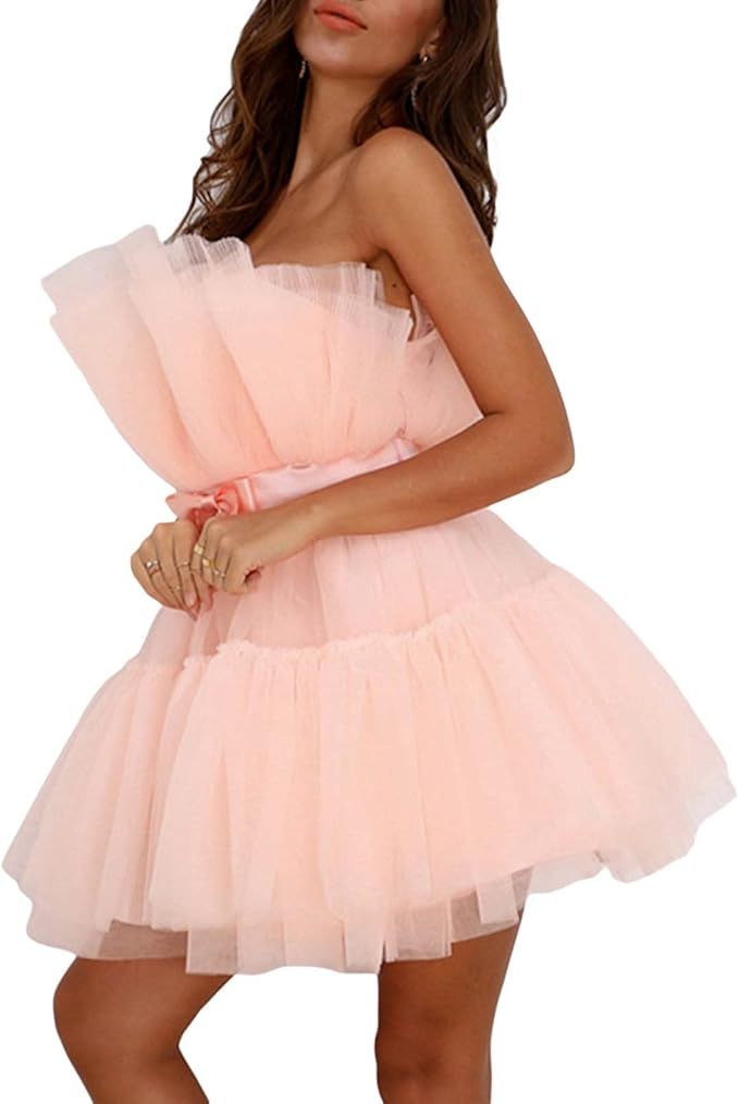 Tulle Dress Women Short Poofy Prom Dress Puffy Princess Mini Dress Strapless Mesh Ruffle Cocktail... | Amazon (US)