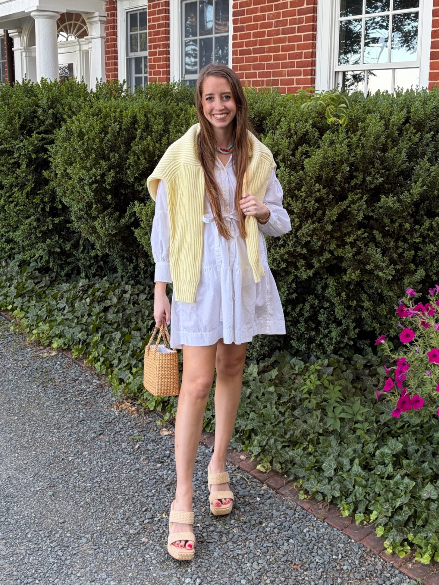 Raffia platform sandals - true to size and super lightweight! 
Spring outfit 
Summer outfit 
White shirt dress 
Butter yellow sweater 
Raffia woven bag 
Beaded gemstone necklace

#LTKSeasonal #LTKSaleAlert