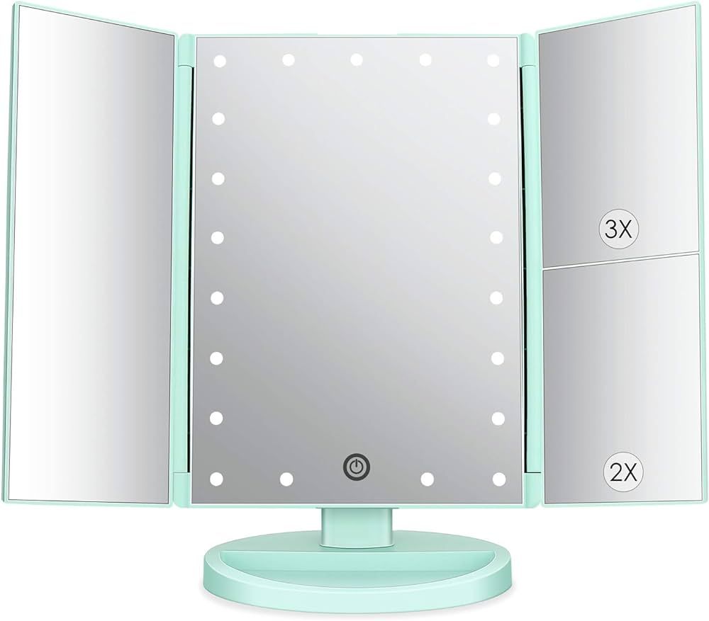 DEWEISN Tri-Fold Lighted Vanity Mirror with 21 LED Lights, Touch Screen and 3X/2X/1X Magnificatio... | Amazon (US)